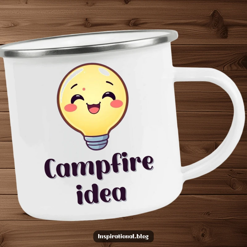 Funny camping mug featuring a joyful lightbulb character shining brightly, ready for adventures and inspiring bright ideas.