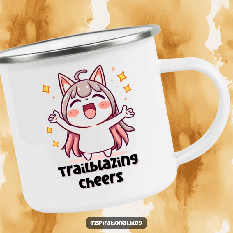 Funny camping mug with a cheerful kawaii character cheering loudly, surrounded by bright starbursts, for adventurous sips.