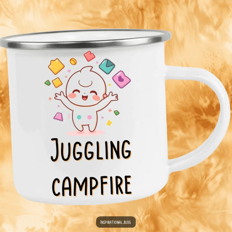 Funny camping mug with a cheerful kawaii character juggling colorful shapes, for joyous outdoor enjoyment.