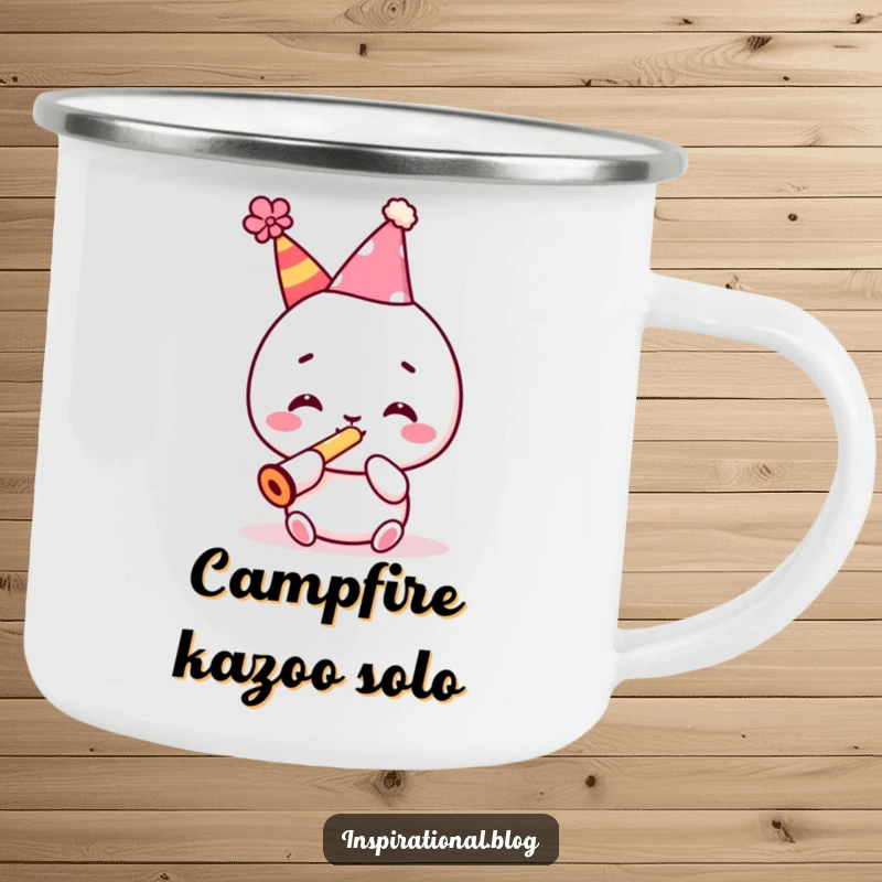 Funny camping mug with a festive kawaii character in a party hat, playing a kazoo, for joyous outdoor drinks.