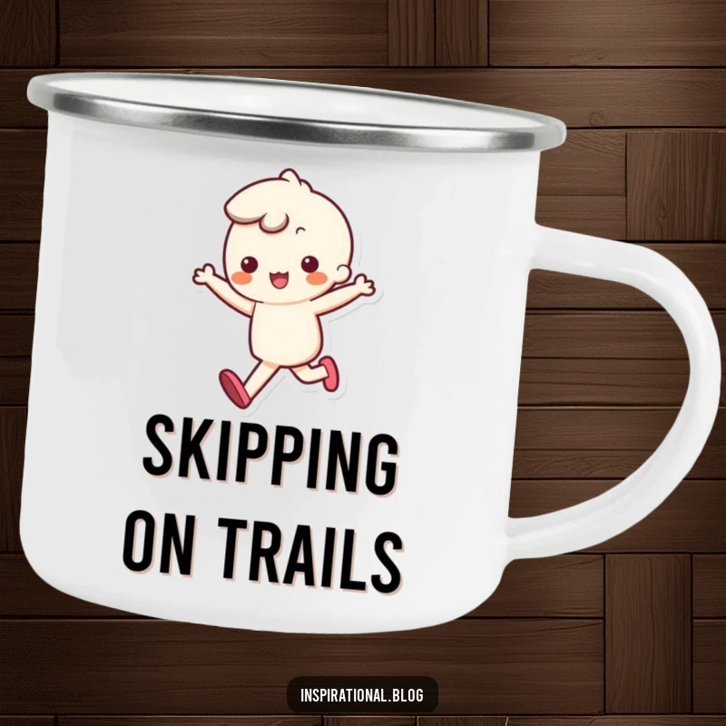 Funny camping mug with a cheerful kawaii character skipping with a bouncy step, for joyful outdoor enjoyment.