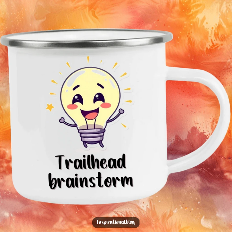Funny Camping Mug with a grinning lightbulb character bursting with ideas, perfect for outdoor brainstorming sessions.