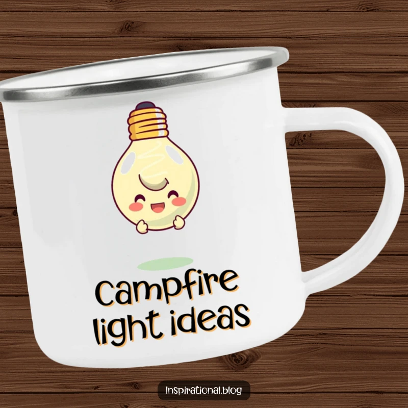 Funny camping mug featuring a character peeking from behind a smiling, floating lightbulb. Great for outdoor inspiration.