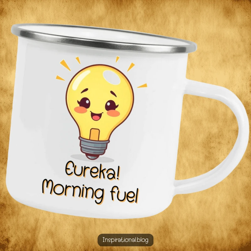 Funny camping mug featuring a smiling lightbulb character having a sudden idea, perfect for outdoor inspiration.