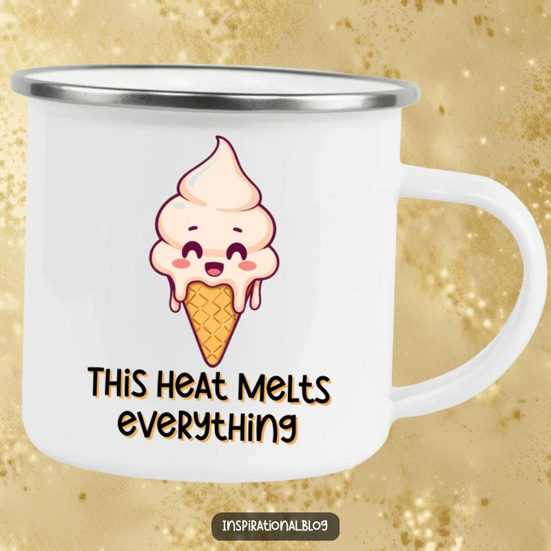 Funny Camping Mug: Sturdy enamel mug with a surprised melting ice cream cone, great for outdoor sweet fun.