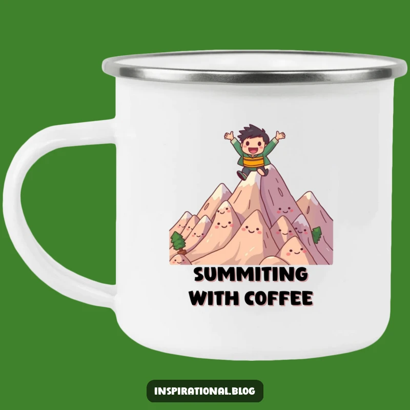 Funny Mountain Leap Camping Mug - Joyful Character Leaping Over Mountains
