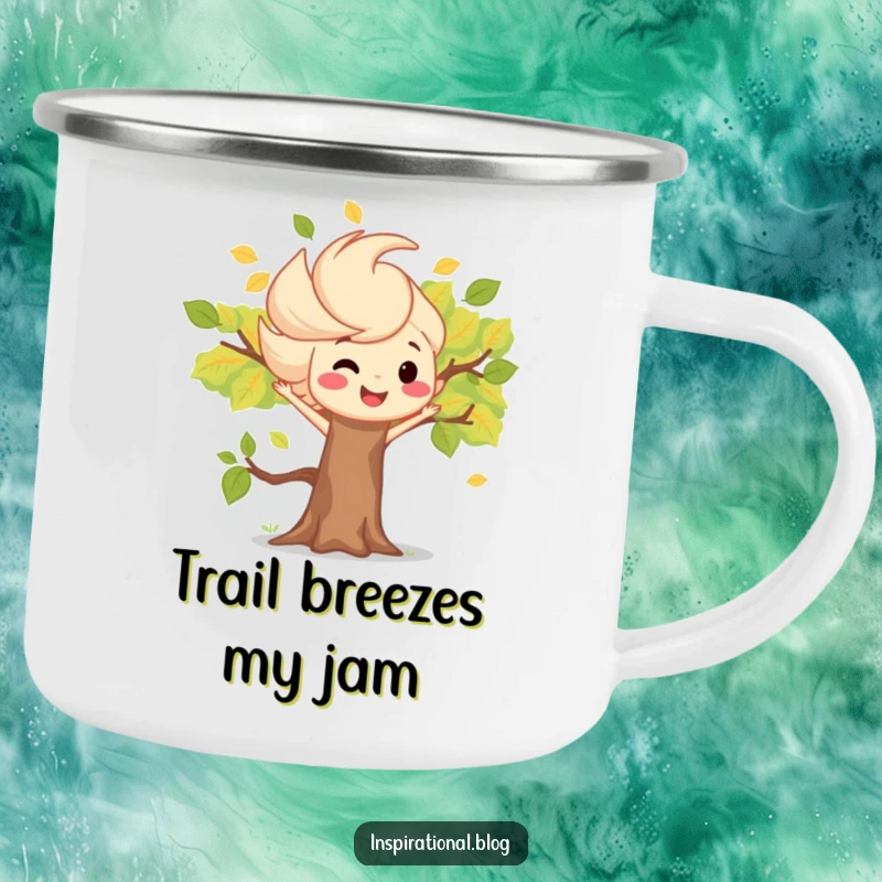 Funny camping mug with a playful wind gust character dispersing leaves near a happy smiling tree, ideal for outdoors.