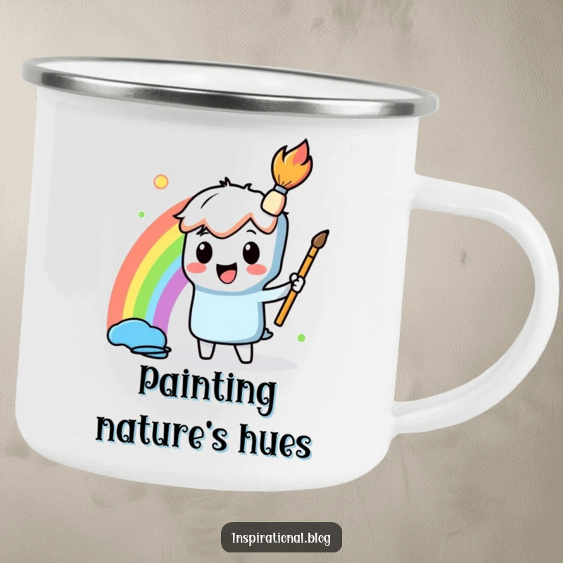 Funny Camping Mug with a cheerful paintbrush character painting a vibrant rainbow, designed for durability and artistic outdoor enjoyment.