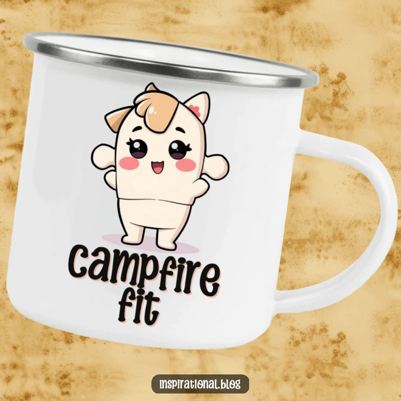 Funny jigsaw puzzle piece character on a camping mug, symbolizing a perfect fit for outdoor activities.