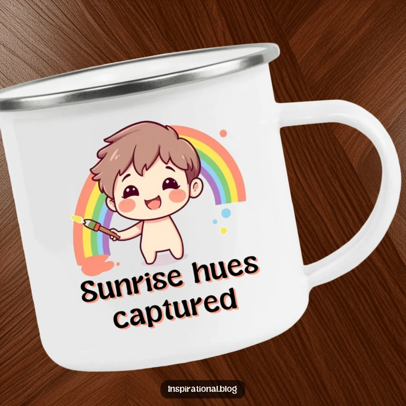 Funny smiling character painting a rainbow on a canvas on a camping mug, perfect for artistic outdoor moments.
