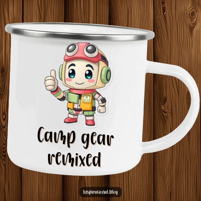 Funny camping mug featuring a determined recycled character giving a positive thumbs-up, celebrating sustainable adventures.