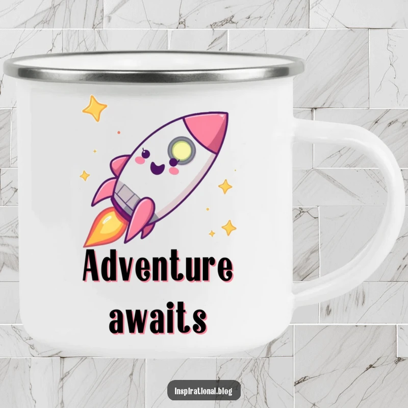 Funny happy rocket ship character on a camping mug, ready for cosmic journeys.