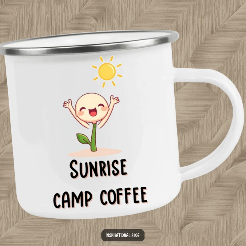 Funny Camping Mug showing a cute sprout character joyfully reaching for the sun, perfect for adding cheer to outdoor trips.