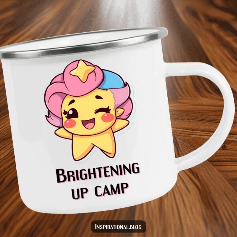 Funny Star Character winking with pride on a durable camping mug, perfect for outdoor adventures and celestial humor.