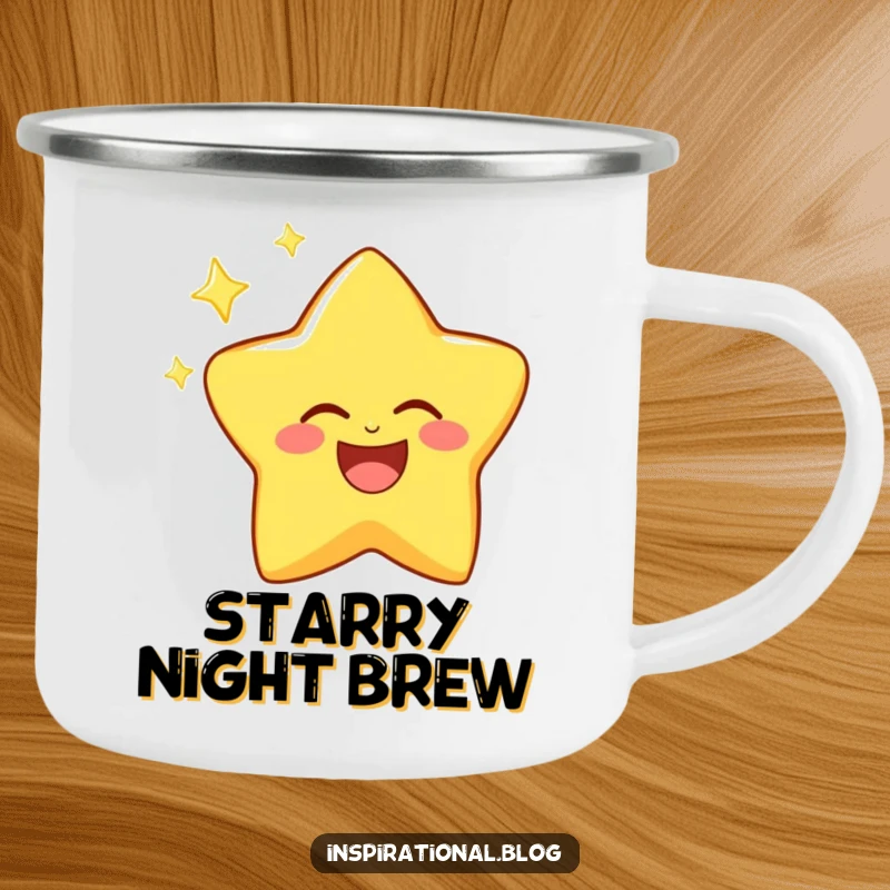 Funny camping mug with a laughing star character twinkling brightly, perfect for enjoying nature's beauty.