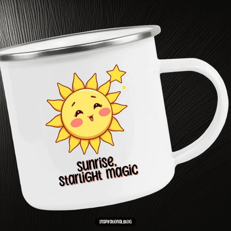 Funny sun camping mug, bright sun character with rosy cheeks surprised by a shooting star, celestial art, outdoor beverage ware.