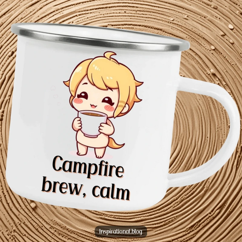 Funny camping mug with a cheerful character offering a cup of tea, perfect for cozy outdoor moments.