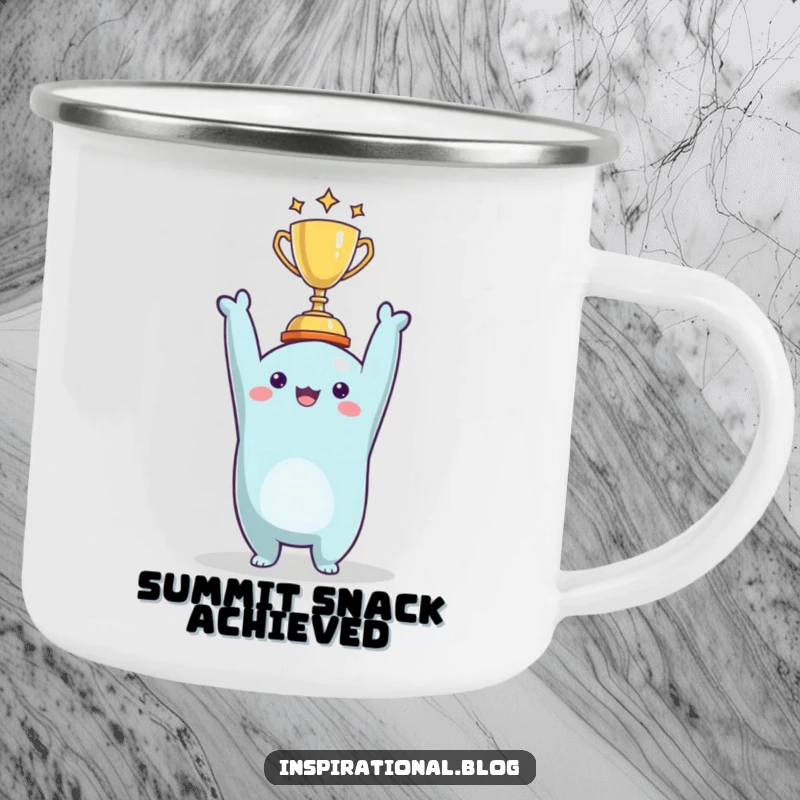 Funny character holding a tiny trophy on a camping mug, ready to celebrate any achievement in the great outdoors.