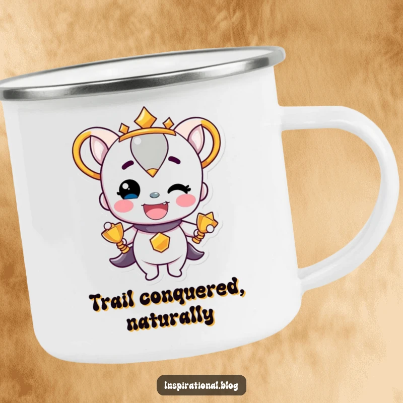 Funny Trophy Character beaming with pride on a durable camping mug, ideal for celebrating outdoor victories.