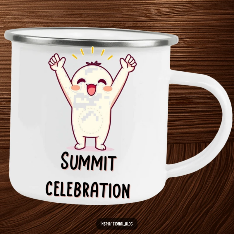 Funny camping mug featuring a kawaii character in a triumphant pose with arms raised, ready for celebratory sips.