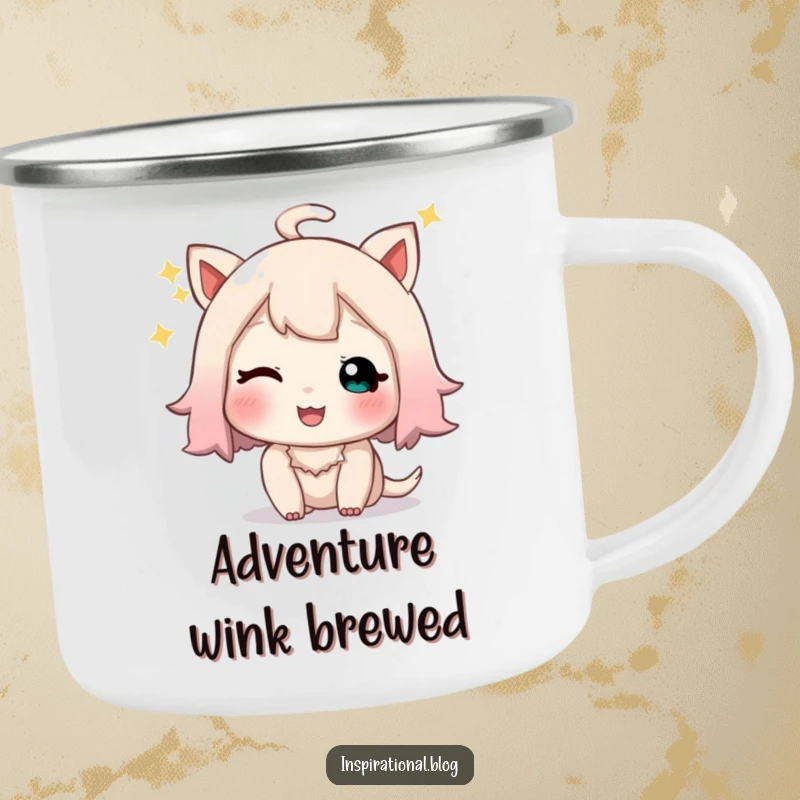 Funny camping mug showing a little character giving a playful, sparkly wink and a happy sigh on adventures.