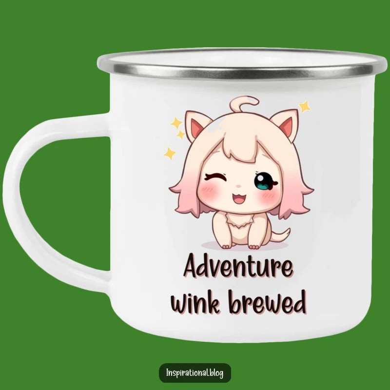Funny Winking Character Camping Mug: Sparkle and Sigh on Adventures