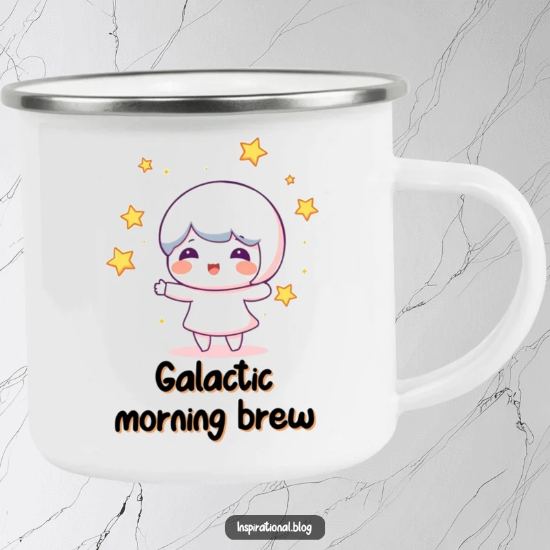 Funny camping mug with a beaming character juggling glowing stars, designed for outdoor enthusiasts who enjoy cosmic humor.