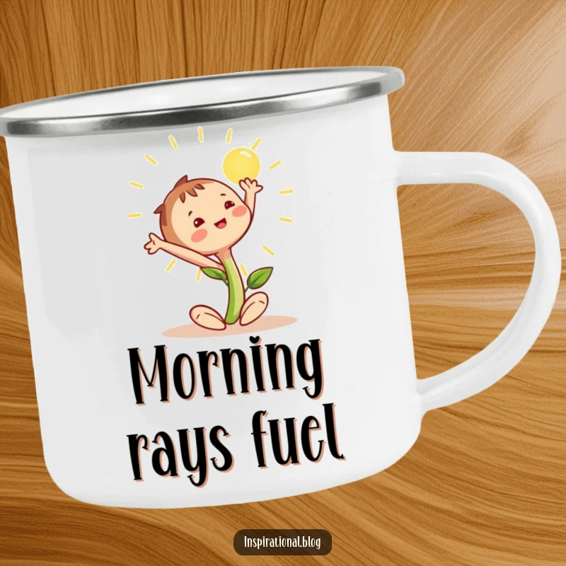 Funny seedling character stretching happily towards the sun, designed on a sturdy camping mug for outdoor enthusiasts.