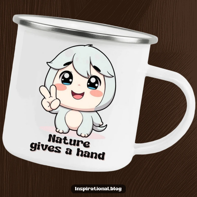 Funny camping mug featuring a character smiling at a tiny hand offering encouragement, perfect for enjoying drinks on the go.