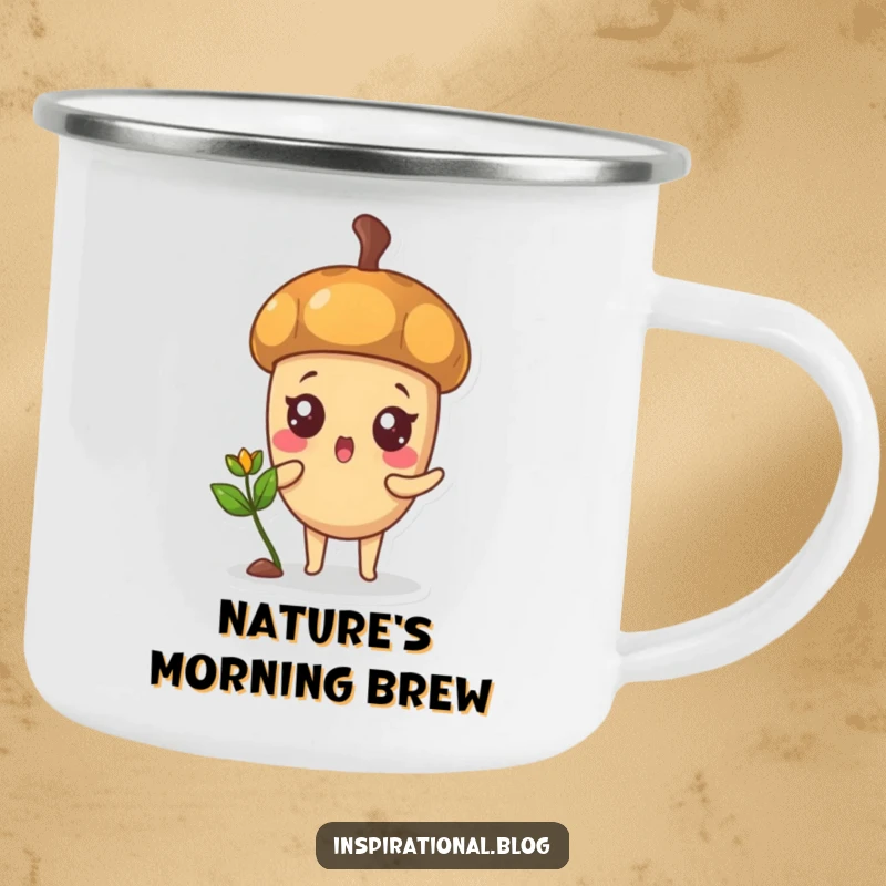 Funny camping mug with a surprised acorn character sprouting a sprout, perfect for outdoor inspiration.
