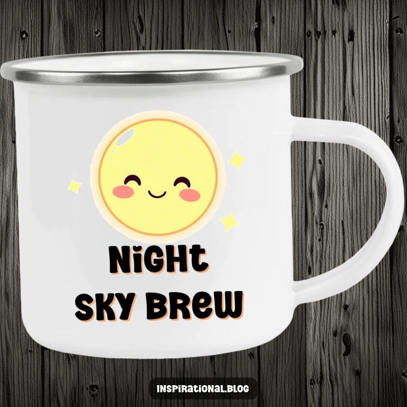 Funny camping mug featuring a smiling moon character, ready for adventures under the night sky with a cheerful vibe.