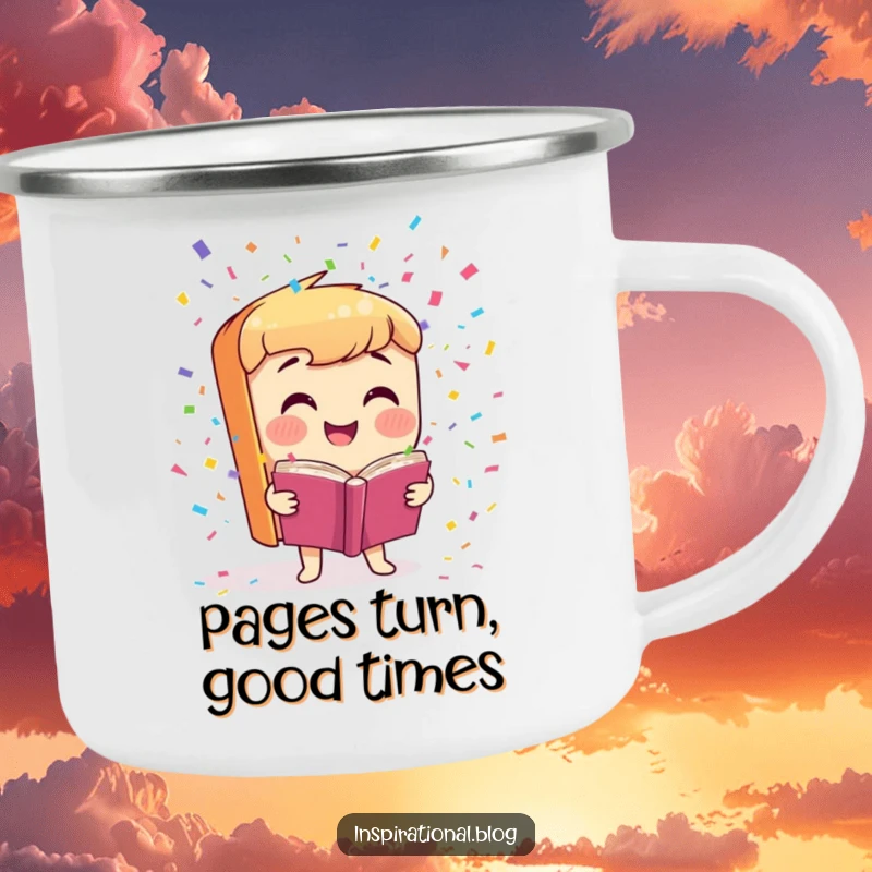 Funny Camping Mug with a smiling book character launching colorful confetti, perfect for outdoor adventures and book lovers.