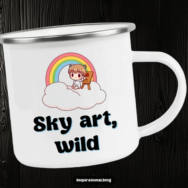 Funny camping mug with a character painting a rainbow on a cloud, perfect for artistic outdoor escapades.