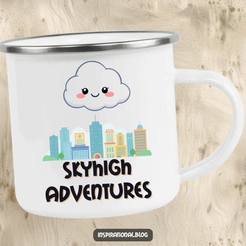 Funny camping mug featuring a happy cloud character floating above a stylized cityscape, perfect for enjoying drinks outdoors.