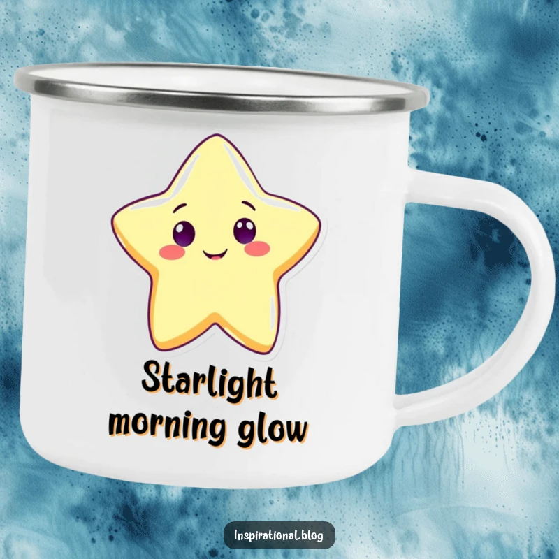 Funny cute star camping mug showing a cheerful star character shining brightly with a wide grin, perfect for outdoor enjoyment.