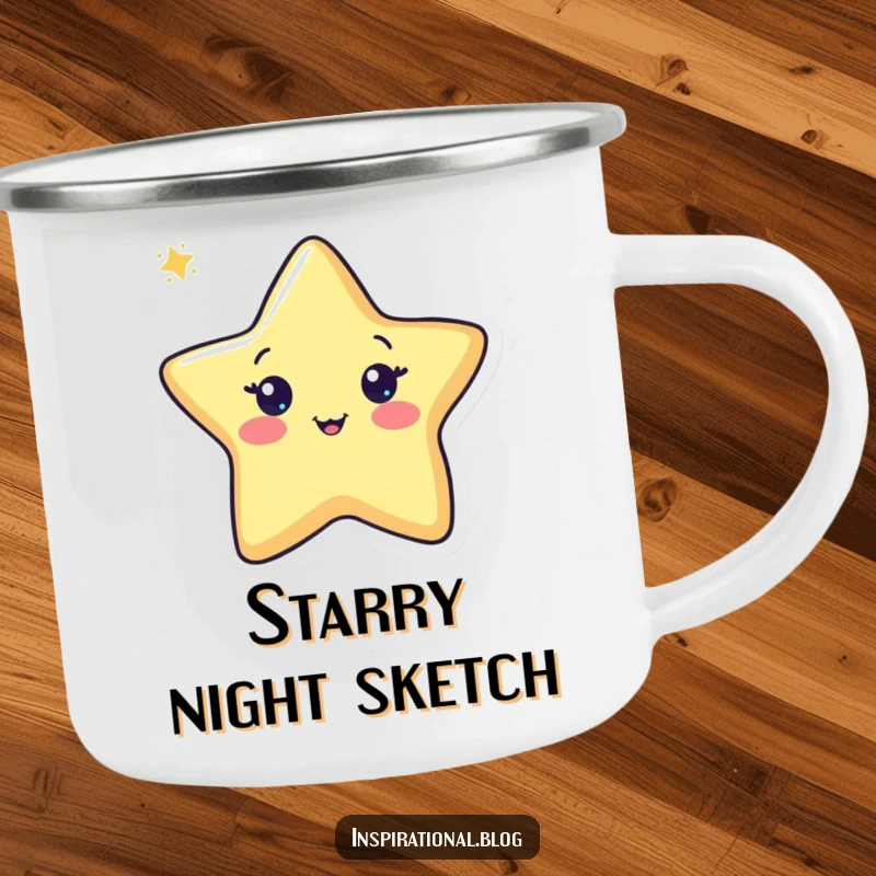 Funny pen camping mug showcasing a cheerful pen character drawing a star, perfect for enjoying drinks on the go with artistic humor.