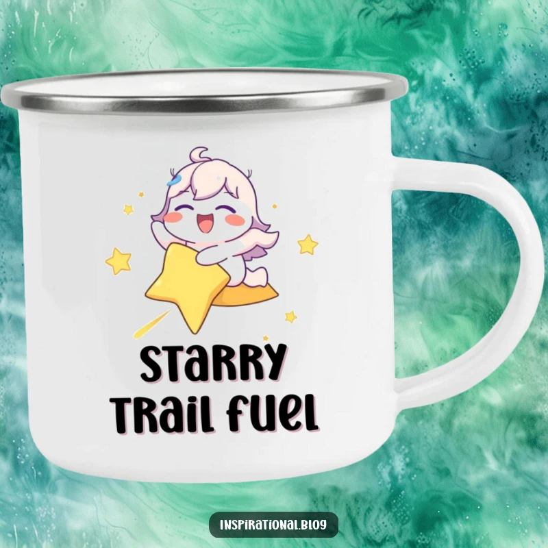 Funny camping mug with a happy character eyes closed in delight, riding a shooting star, perfect for outdoor adventures.