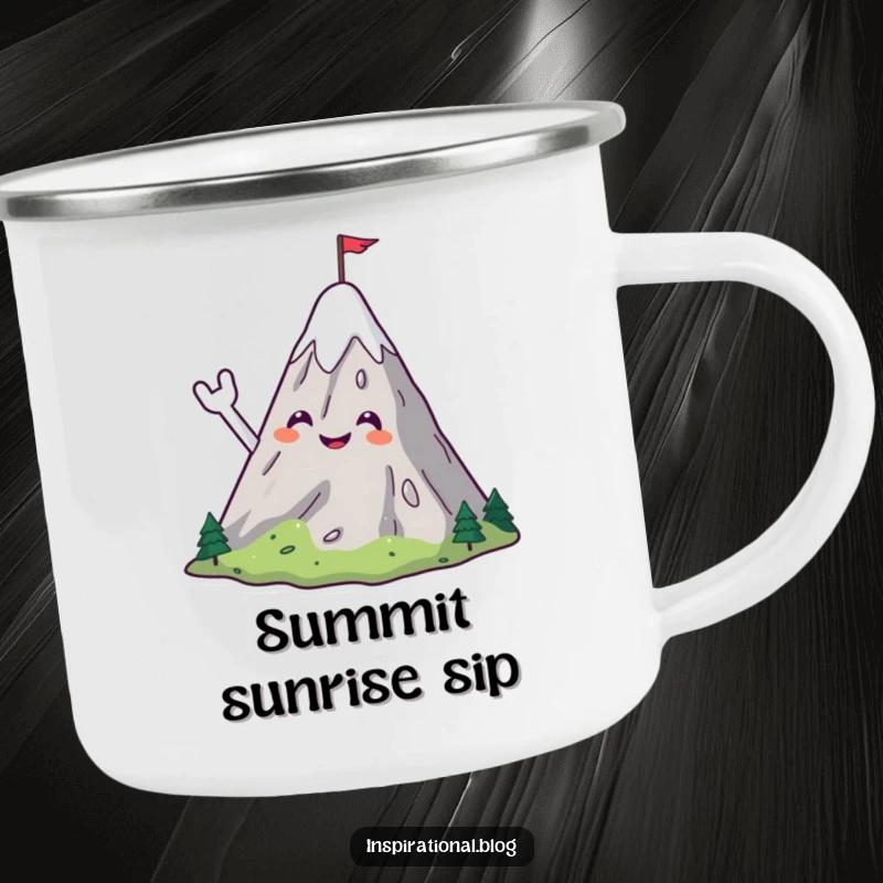 Funny camping mug with a smiling mountain character cheerfully waving with a flag, perfect for outdoor adventures.