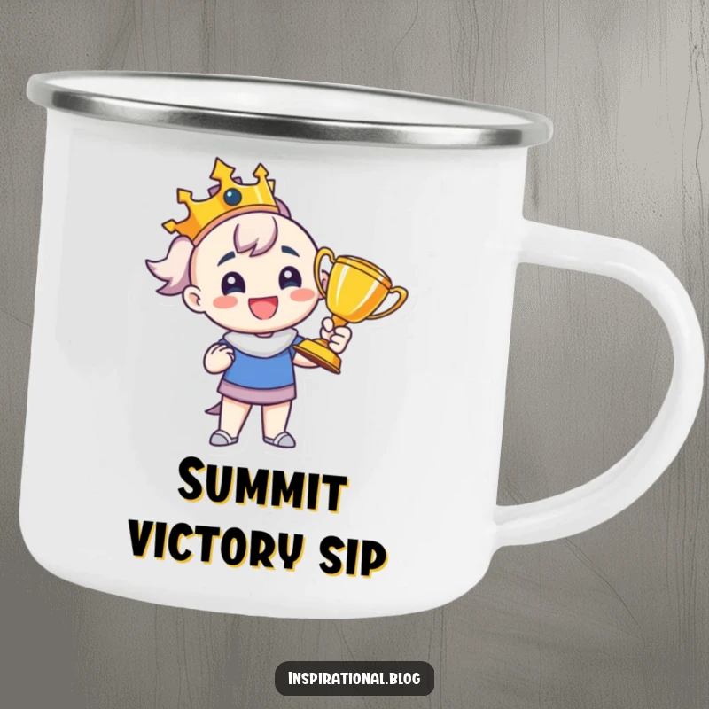 Funny camping mug depicting a proud character holding a trophy, designed for outdoor celebrations and embodying a winning spirit.