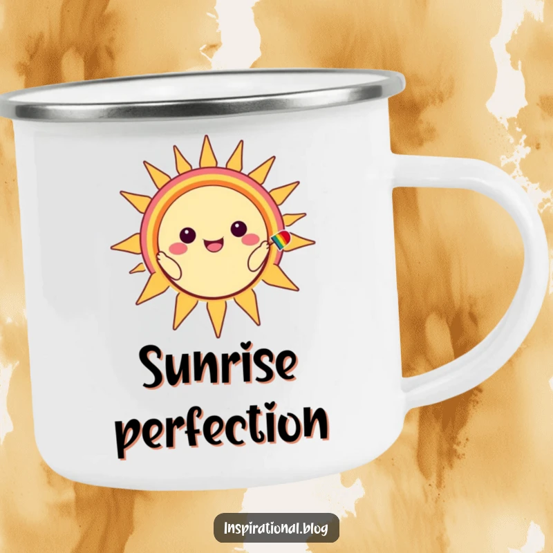 Funny camping mug featuring a kawaii character painting a rainbow smile on a happy sun, ready for outdoor fun.
