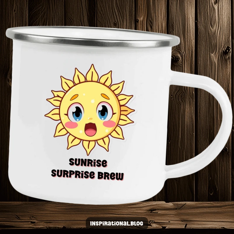 Funny camping mug featuring a surprised sun character with wide eyes, ready for outdoor adventures with a comical expression.