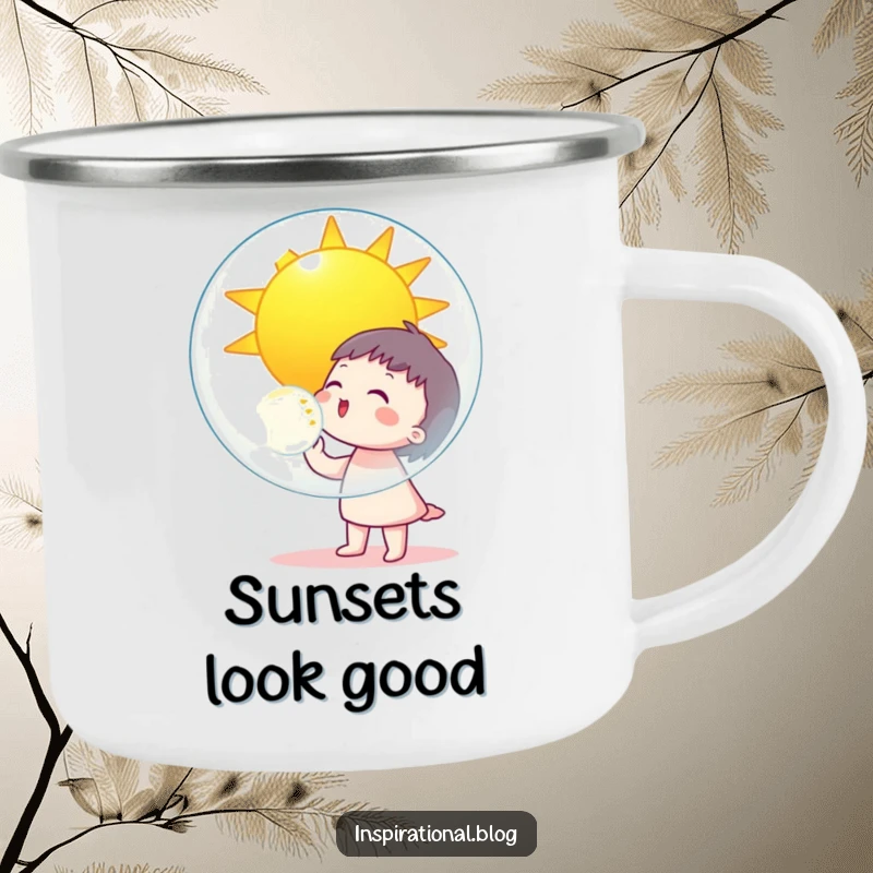 Funny character blowing a giant bubble reflecting a smiling sun on a camping mug, perfect for sunny outdoor moments.
