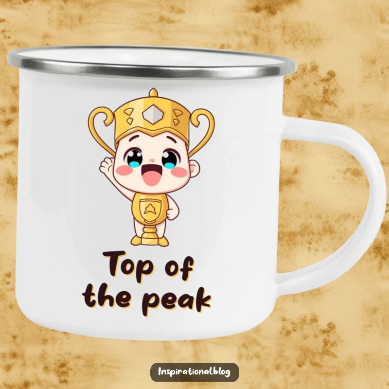 Funny trophy character beaming with pride, a durable camping mug for celebrating wins outdoors.