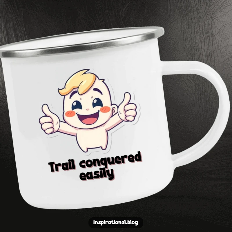 Funny Camping Mug: A tiny, energetic character with a wide grin gives a double thumbs-up, perfect for outdoor drinks.