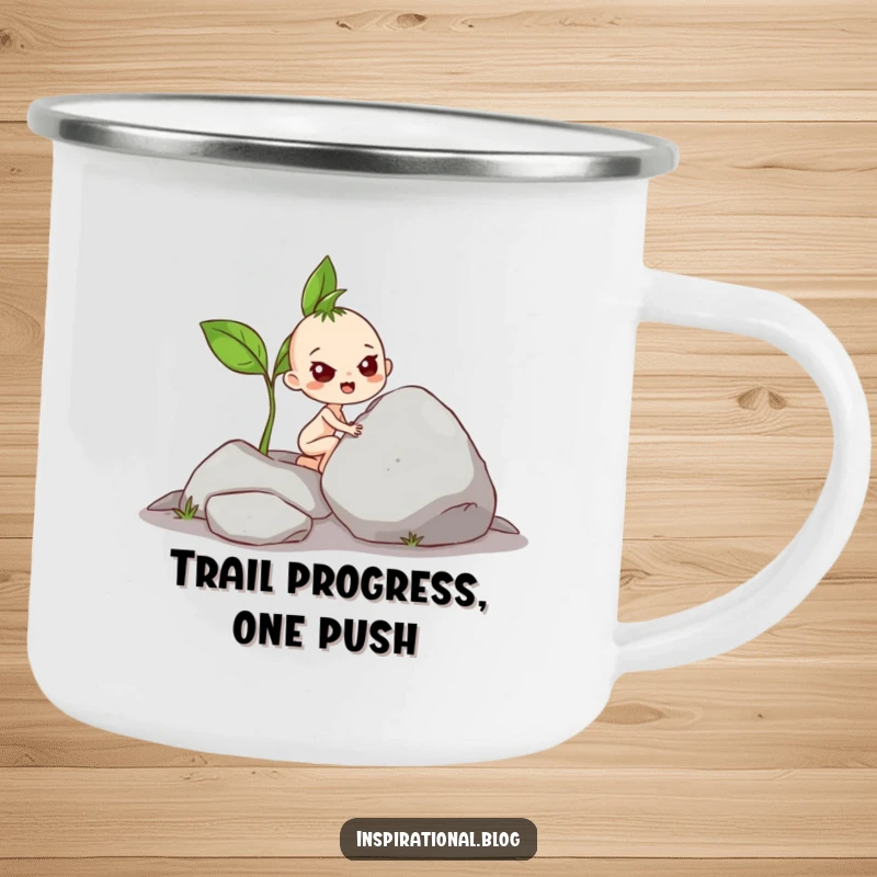 Funny Camping Mug: Sturdy enamel mug with a determined sprout pushing a rock, great for outdoor humor.