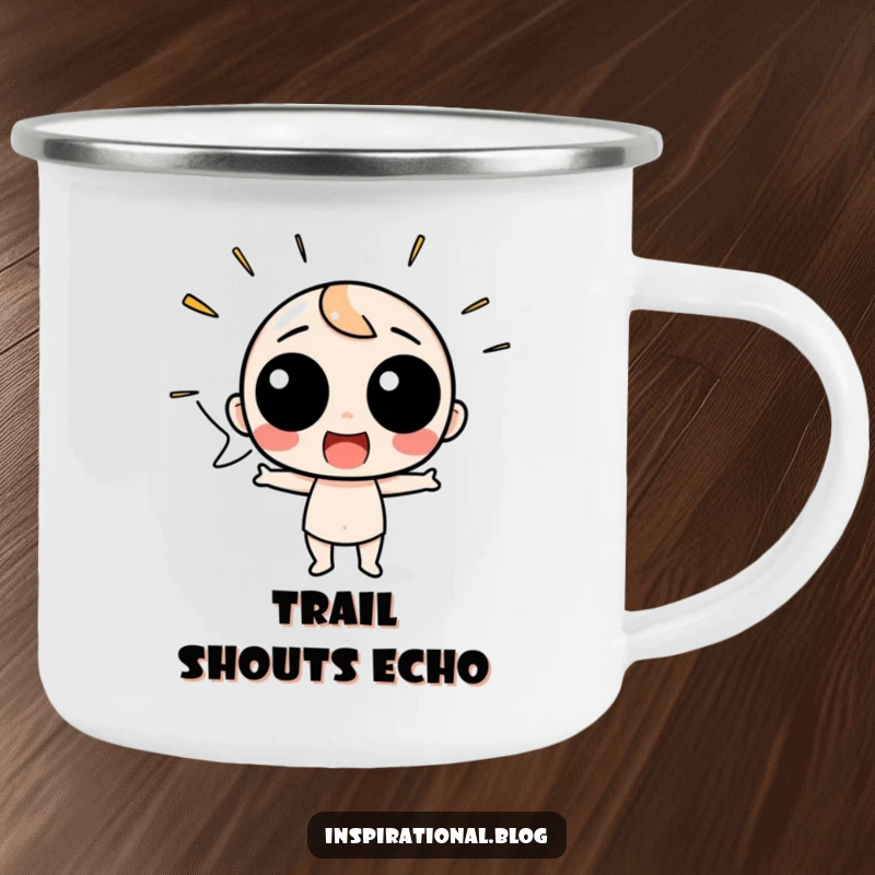 Funny Camping Mug with a speech bubble character shouting with excitement, perfect for outdoor celebrations and expressions.