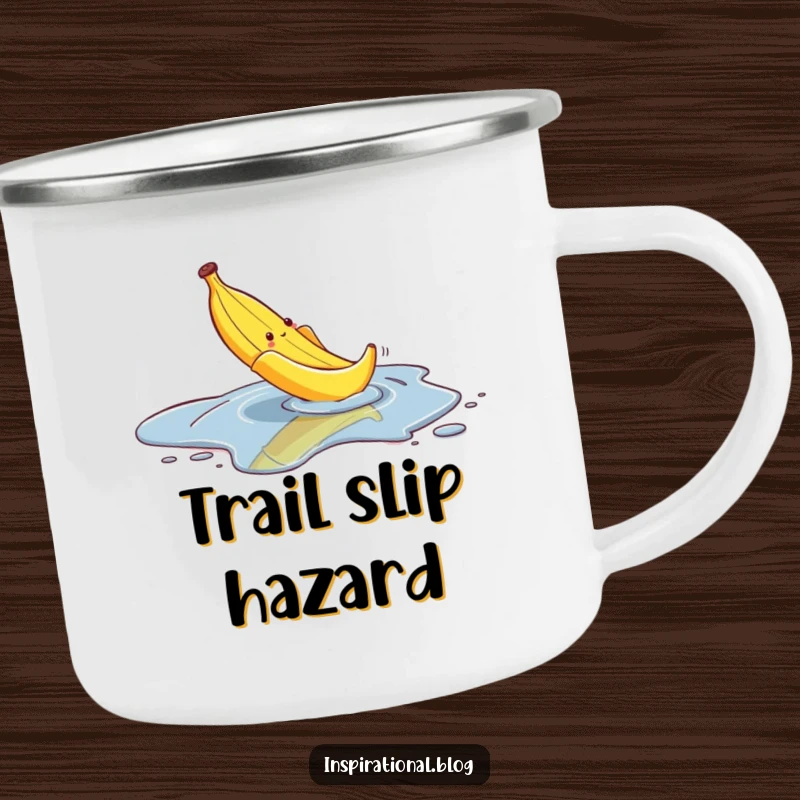 Funny camping mug showing a banana peel comically slipping on a puddle, perfect for outdoor enthusiasts with a love for slapstick humor.