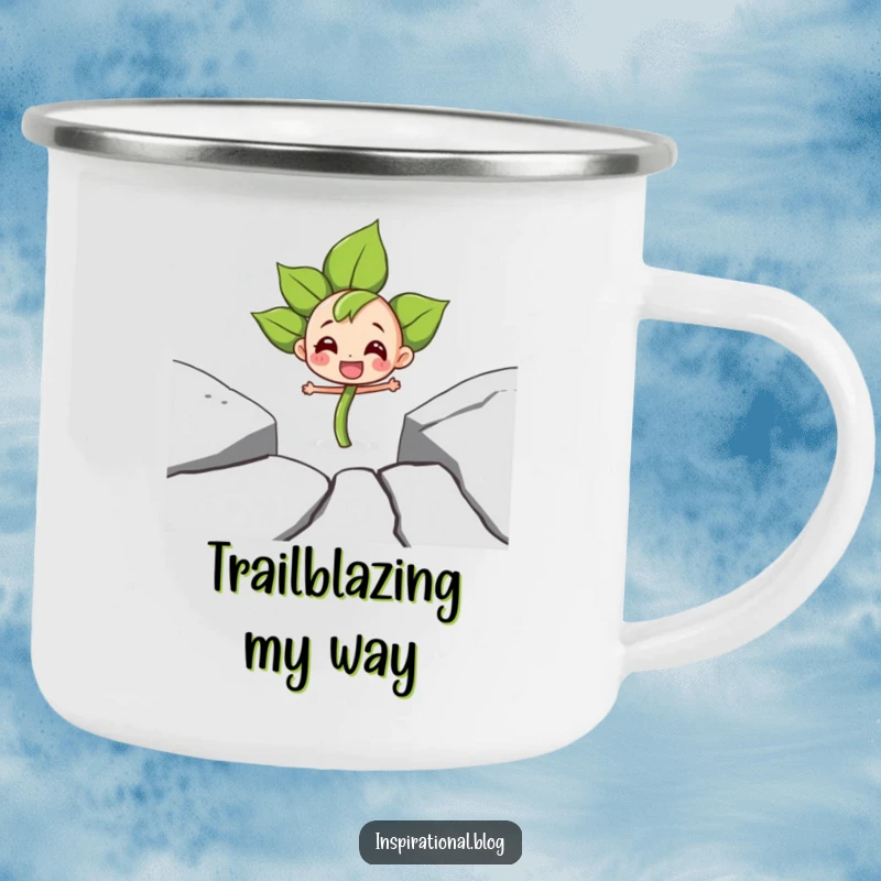 Funny camping mug with a determined sprout character joyfully breaking through pavement, symbolizing strength and resilience in nature.