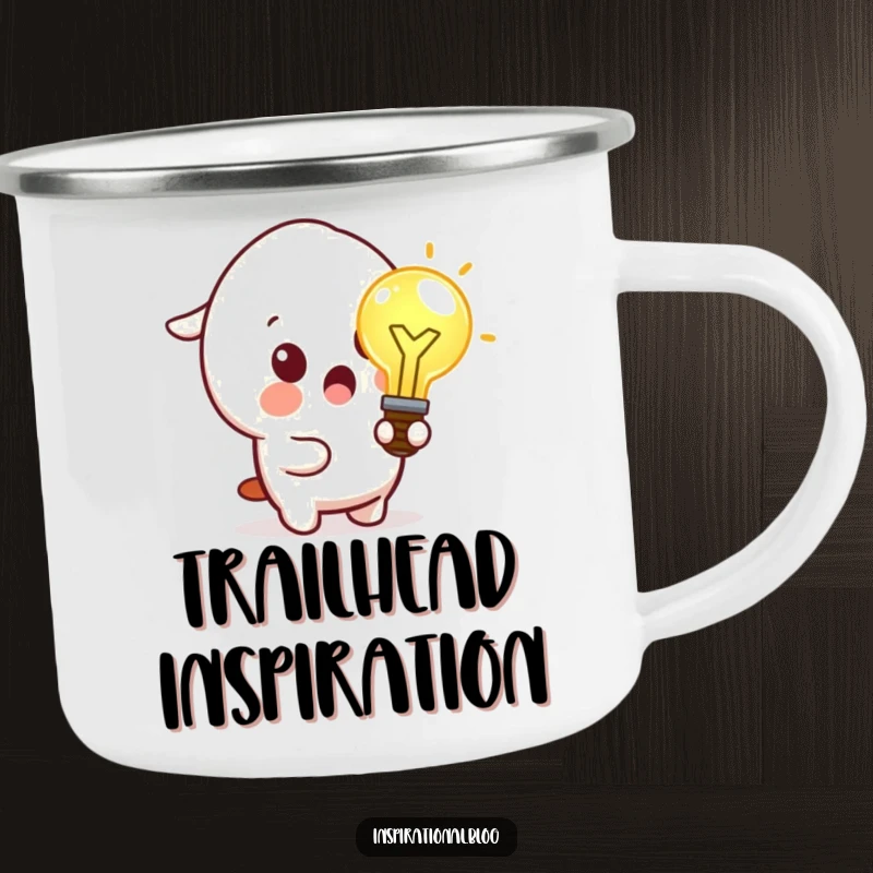 Funny camping mug featuring a surprised kawaii character holding a glowing lightbulb, ready for outdoor epiphanies.