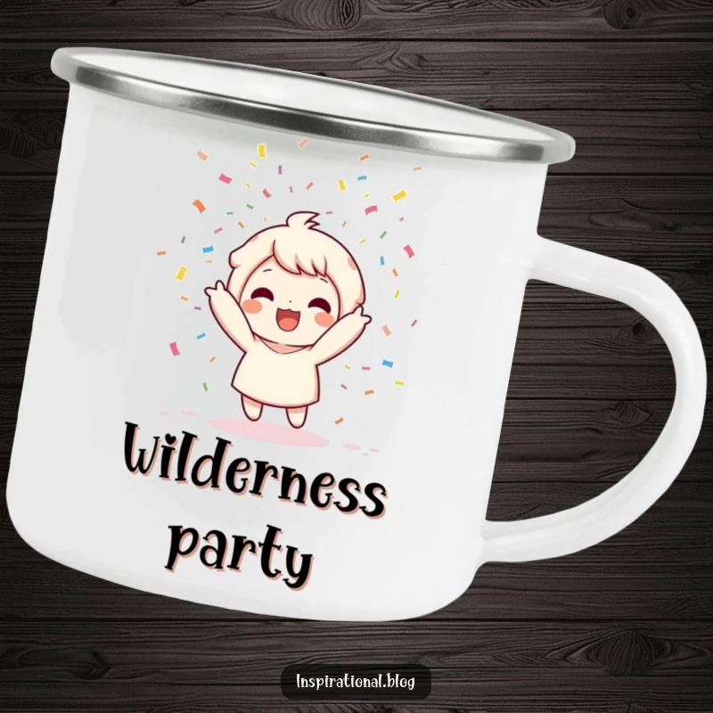 Funny camping mug featuring a kawaii character joyfully throwing a confetti bomb, ready for celebratory sips outdoors.